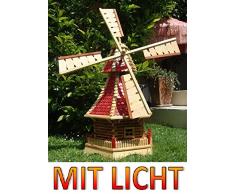 ÖLBAUM XL Premium-Solar-Windmühle Holzwindmühle, Windmühlen Garten, imprägniert + kugelgelagert 1 m groß rot lasiert hell weinrot + Natur MIT SOLARBELEUCHTUNG
