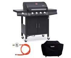TAINO RED 4+1 Grillwagen BBQ Edelstahl-Brenner Gas-Grill schwarz inkl. Zubehör Abdeckplane Haube Gasregler Gasdruckminderer Schlauch Gasschlauch