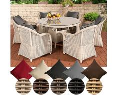 CLP Poly-Rattan Sitzgruppe Stavanger, Esstisch rund Ø 130 cm, 6 Gartensessel Bezugfarbe: Eisengrau, Rattan Farbe perlweiß
