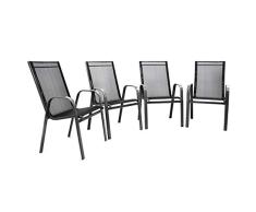 Nexos 4er Set Gartenstuhl Stapelstuhl Stapelsessel Hochlehner Terrassenstuhl – Textilene Stahlgestell – Farbe: Rahmen dunkelgrau/Bespannung schwarz