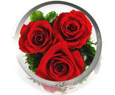 Rosen-Te-Amo Stylischer Blumenstrauß aus 3 konservierte rote Rosen in Kugel-Vase; Infinity Rosen im Glass: handgefertigt aus 100% echten Dekorativen-Pflanzen und Moose - haltbar ohne Wasser