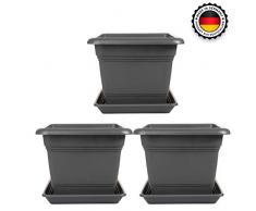2friends 3er Set Pflanzkübel eckig und Untersetzer, 40x40 cm, Blumenkübel Blumentopf Pflanztopf, Farbe: Anthrazit