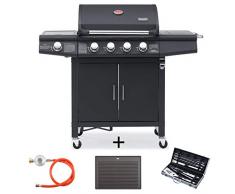 TAINO RED 4+1 Gasgrill inkl. Grillbesteck Set Gasregler Grillplatte Grillwagen BBQ Edelstahl-Brenner Gas-Grill schwarz für Garten