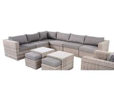 lifestyle4living Gartenbank 6 Sitzer aus Polyrattan Geflecht in grau inkl. Kissen. Die Loungebank ist wetterfest, ideal für Garten, Terrasse und Balkon.