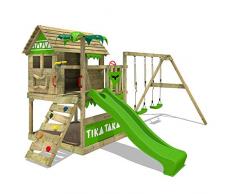 FATMOOSE Spielturm TikaTaka Town XXL - Klettergerüst mit Stelzenhaus, Schaukel, Kletterleiter, Sandkasten, apfelgrüner Wellenrutsche und viel Spiel-Zubehör