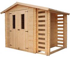 TIMBELA M386C Blockbohlen Gartenhaus aus Massiv-Holz + Kaminholzunterstand - aus 19 mm Kiefern- / Fichtenholz Blockbohlen, 256 x 200 cm/3,53+0,97 m²