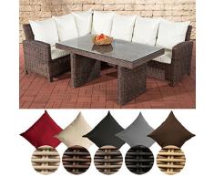 CLP Polyrattan Garten-Set Bermeo 5mm I Rundrattan Eckbank Mit Sitzpolstern Und Esstisch l Sitzgruppe Mit Aluminium-Untergestell Braun Meliert, cremeweiß