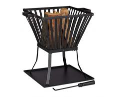Relaxdays Feuerkorb XL mit Schürhaken, Terrasse u. Garten Feuerschale mit Unterlage, für Holz, HBT 56x56,5x45cm, schwarz