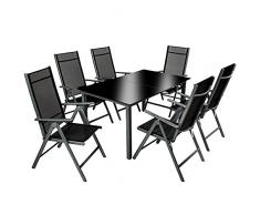 TecTake 800355 Aluminium Polyrattan 6+1 Sitzgarnitur Set, 6 Klappstühle & 1 Tisch mit Glasplatten - Diverse Farben (Dunkelgrau | Nr. 402166)