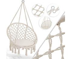 Kesser® Hängesessel 150kg mit 2 Stahlringe Sitzpolster geflochten Fransen Hängestuhl Hängekorb Schaukelkorb Garten Indoor wetterfest, wasserabweisend, Beige