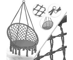 Kesser® Hängesessel 150kg mit 2 Stahlringe Sitzpolster geflochten Fransen Hängestuhl Hängekorb Schaukelkorb Garten Indoor wetterfest, wasserabweisend, Grau