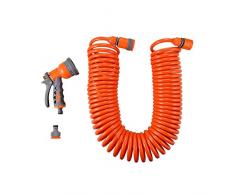 Fuxtec Spiralschlauch-Set 15 m: Gartenschlauch zum Wässern von kleinen Flächen,Pflanzen und Blumen auf Terrassen und Balkonen, inkl Gartenbrause,2 Schlauchstücken und Hahnstück
