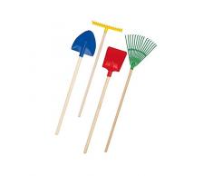 Kinder Sandkasten Spielzeug 4er Set Rechen Hake 2X Schaufel bunt mit Holzstiel