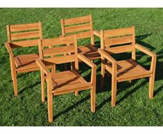 ASS 4Stk Echt Teak Design Gartensessel Gartenstuhl Sessel Stapelsessel Gartenmöbel Holz stapelbar Sehr Robust Modell: JAV-Kingston von
