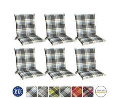 Beautissu 6er Set Sunny BK Niedriglehner Auflagen Set für Gartenstühle 100x50 cm in Blau Kariert - Bequeme Gartenstuhl Stuhlkissen Polsterauflagen UV-Lichtecht