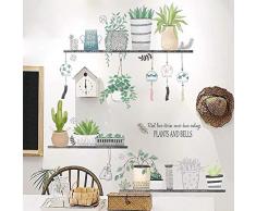 WandSticker4U®- XL Wandtattoo PFLANZREGAL I Wandbilder: 106x89 cm I Wandsticker Wohnzimmer modern Blumen-Regal Natur grün Gräser Windspiel Aufkleber I Wand Deko für Küche Bad Flur Möbel