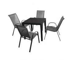 5tlg. Sitzgruppe Gartentisch 79x79cm Schwarz + 4 stapelbare Stühle mit Textilenbespannung Anthrazit Terrasse Balkon Garten Garnitur Kunststoff Metall