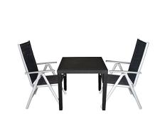 Multistore 2002 3tlg Balkonmöbel Set Sitzgruppe Vollkunststoff Gartentisch Rattan-Optik 79x79cm Hochlehner mit Textilenbespannung Gartenstuhl Rückenlehne 7-Fach verstellbar Silber/Schwarz