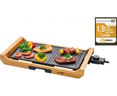 Clatronic TG 3697 Tischgrill mit Bambusrahmen, stufenlos regelbarer Thermostat, herausnehmbarer Fettauffangbehälter, Rost, Holz/Grau
