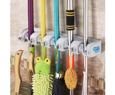 Besenhalter - Wandhalterung Werkzeughalter Regal - 5 Slots mit automatischen Handgriffen - perfekt für Besen, Mops, Staubwedel, Rechen, Schaufeln, etc. - 6 faltbare Haken für kleinere Werkzeuge/Tücher