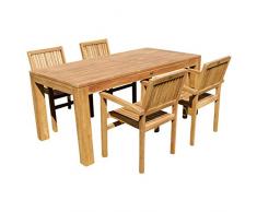 ASS Teak Set Gartengarnitur Gartenset Sitzgruppe Gartentisch Bigfuss 180x90 cm mit 4 Stapelsessel Miami aus Teakholz Gartenmöbelset Esstischgruppe Sessel stapelbar