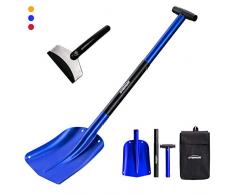Overmont Lawinenschaufel Schneeschaufel Notschaufel Abziehbar Aluminium 3 Teilig mit Einer Tasche und Einem Auto Eiskratzer für Gartenarbeit Winter Auto im Freien Rot/Blau/Gold