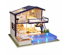 luckything Häuser Für Minipuppen, 3D DIY Puppenhaus Haus Handgefertigt Spielzeug Miniatur Holzhaus Möbel Zubehör Holz Puppenhaus Handwerk Miniatur Kit Mit LED-Licht, Schwimmbad Für Kinder Geschenk