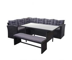 Mendler Poly-Rattan-Garnitur HWC-A29, Gartengarnitur Sitzgruppe Lounge-Esstisch-Set, schwarz ~ Kissen dunkelgrau, mit Bank
