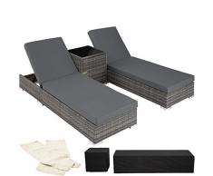 TecTake 403088 2er Set Aluminium Polyrattan Sonnenliege + Tisch, inkl. Schutzhüllen und 2 Bezugsets, Edelstahlschrauben, grau