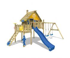 Wickey Stelzenhaus Smart Resort Spielturm Kletterturm mit Schaukel Holzdach Kletterleiter Spielhaus, blaue Rutsche + gelb-blaue Plane