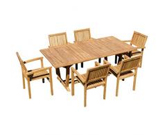 ASS Teak Set Gartengarnitur Gartenset Sitzgruppe Gartentisch Tobago 180-240x100 cm mit 6 Stapelsessel Miami aus Teakholz Gartenmöbelset Esstischgruppe Sessel stapelbar Ausziehtisch