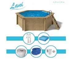 Paradies Pool® Holzpool Lani Einzelbecken inkl. Zubehör, Edelstahlleiter Tiefbecken, Blaue Folie mit 0,6mm Stärke, Sechseck-Pool, 421 x 118 (Ø x H), Menge: 1 Stück