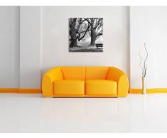 Monocrome, Baum und Bank im Nebel, Format: 70x70 auf Leinwand, XXL riesige Bilder fertig gerahmt mit Keilrahmen, Kunstdruck auf Wandbild mit Rahmen, günstiger als Gemälde oder Ölbild, kein Poster oder Plakat