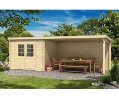 CARLSSON Alpholz Gartenhaus Brilon 28-A aus Massiv-Holz | Gerätehaus mit 28 mm Wandstärke | Garten Holzhaus inklusive Montagematerial | Geräteschuppen Größe: 693 x 250 cm | Pultdach