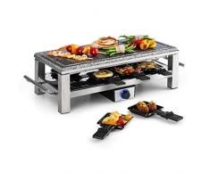 Klarstein Schmelzlette - Raclette, Tischgrill, Partygrill, Leistung: 1500 W, mit 8 Pfannen und Holzspatel, Antihaftbeschichtung, kratzfeste Naturstein-Platte, stufenloses Thermostat, silber