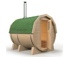 Fasssauna K1 Premium 2,12m mit Holzofen HARVIA M3, Espe-Saunaholz bei Allen Innensitzbänken (grüne Dachschindeln)