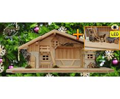 ÖLBAUMKRIPPE LED-beleuchtet -Krippen aus Naturholz,historische Holz-Krippenstall-Weihnachtskrippe, mit GRANITBRUNNEN Wassergrand + Premium-DEKOSET Krippenstall, MASSIVHOLZ Natur