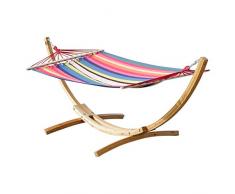 ASS 320cm Hängemattengestell Blanca-Rojo Hängematte mit Gestell aus Holz Lärche Natur mit bunter Stabhängematte JETZT mit roten Seilen