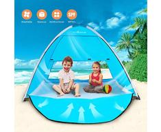 Strandmuschel mit Reißverschlusstür + Lüftungsfester pop up Zelt Sonnenschutz Windschutz Automatik Strandzelt Familie für Strand See Freibad Balkon Terrasse Angeln Garten 12/5000 für 3 Personen
