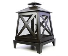 Nexos Terrassenofen Metall Feuerstelle 82 x 54 x 54 cm Feuerhaken Rost Gartenkamin mit Tür robust wetterfest 13 kg schwarz