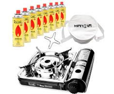 Mianova Campingkocher Gaskocher im Koffer BBQ Grill Anzünder Camping Shisha Kohle Kohleanzünder Grillanzünder RS-7000DFS mit 8 Gasflaschen Kühltasche