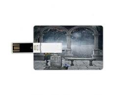 USB-Sticks 64GB Kreditkartenform gotisch Memory Stick-Bankkartenstil Fiktives mittelalterliches mythisches Steinbank-Balkongebäude mit Kolibri-Grafik, Wasserdichte stift daumen schöne jump drive u fes