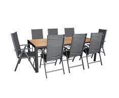 9tlg. Gartengarnitur, Aluminium Gartentisch mit Polywood-Tischplatte 205x90cm + 8x Aluminium-Hochlehner mit 2x2 Textilenbespannung, 7-fach verstellbar, klappbar, anthrazit / Sitzgruppe Sitzgarnitur