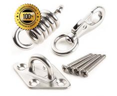 Amerigo Ultra Strong Hängematten-Hängeset 300 kg - Hängematten Haken für Wand, Decke, Boxsack, Aerial Yoga - Aus rostfreiem Stahl Feder, Karabinerhaken, Deckenhalterung/Befestigung + 4 Schrauben