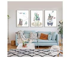 hutianyu Morden Cartoon Bär Kaktus Nordischen Stil Leinwand Poster Drucke Pflanzenvase Hexer Kunst Wandbild Für Wohnzimmer -50x70cmx3 Kein Rahmen
