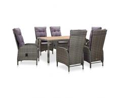 UnfadeMemory Garten-Essgruppe Gartenmöbel Sitzgruppe Poly-Rattan und Stahlgestell Loungegruppe Set Esstisch mit Armlehnstühle Gartengarnitur Grau (7-teilige Set, Akazienholz-Tischplatte)