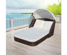 tidyard Sonnenliege Gartenliege mit Sonnendach und Polster Poly-Rattan Doppelliege Außenbereich Freizeitliege Stahlrahmen 204 x 97 x 64 cm Braun