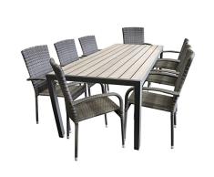 Multistore 2002 9tlg. Gartengarnitur Aluminium Polywood Non-Wood 205x90cm Gartentisch Rattan Gartenstuhl stapelbar Stapelstuhl Gartenmöbel