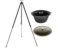 Original ungarischer Gulaschkessel 15 Liter emailliert mit Dreibein-Gestell 180 cm Kettenhöhenverstellung und Deckel / Gulasch-Topf, Glühwein-Kessel Suppentopf Set | Kesselgulasch Kochkessel