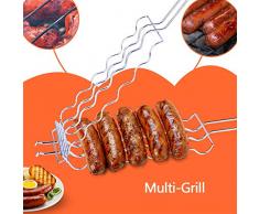 Grillkorb Fischbräter aus Edelstahl Tragbarer Grillwurstkorb, Barbecue gegrillter Grillrost Braten Ordner Tool mit hitzebeständigem, weichem Griff,Silver